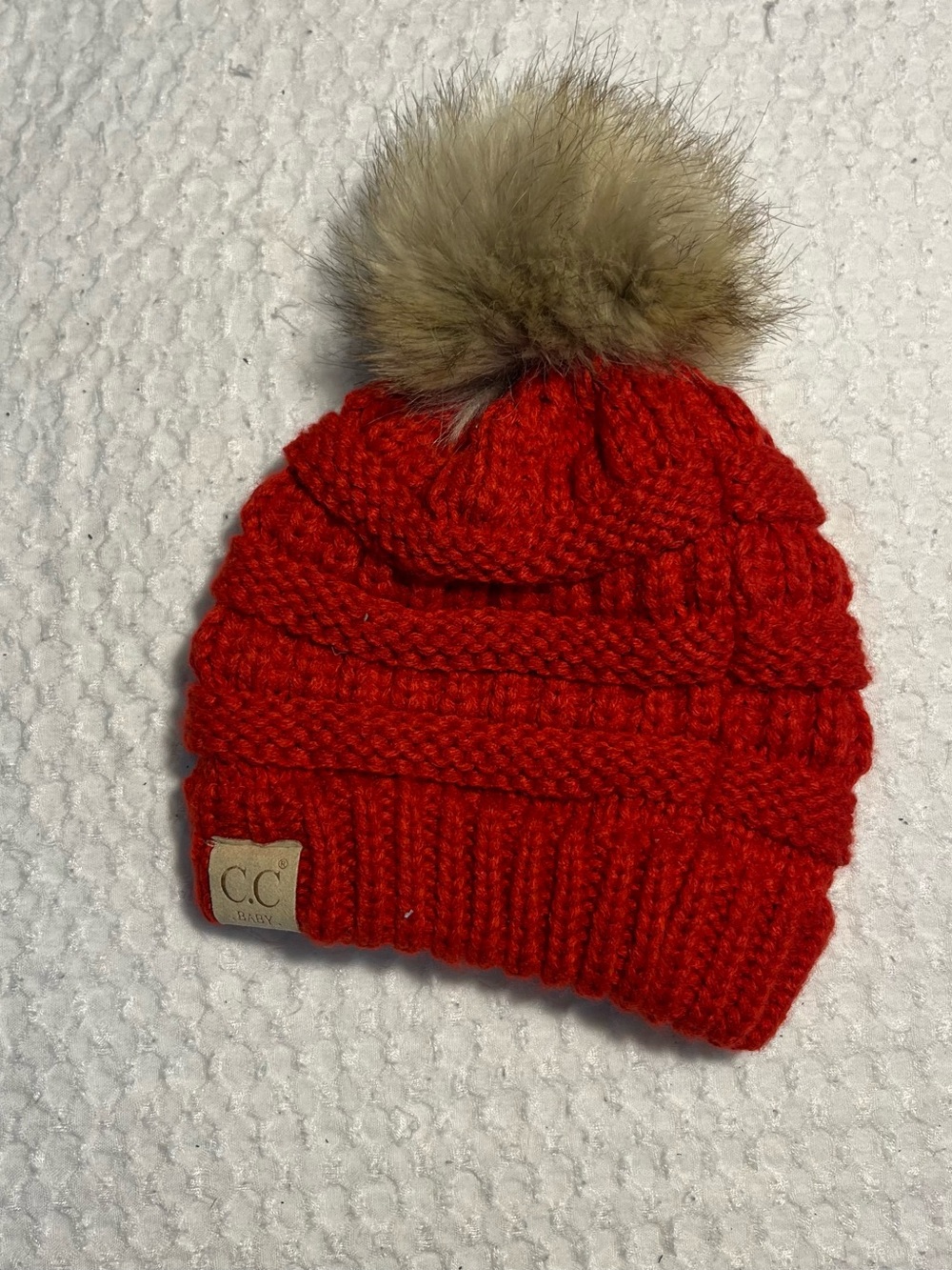 C.C Kids Red Knit Beanie with Faux Fur Pom
